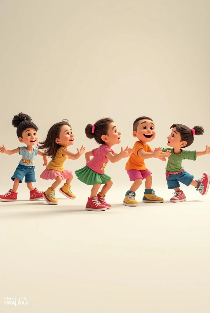 Generate image in Disney Pixar animation 3D style based upon this prompt: * *Prompt*: The s hop to the left in unison with one leg up, and then jump to the right, all laughing. Some wear colorful sneakers, and their clothes have fun patterns like stars and...