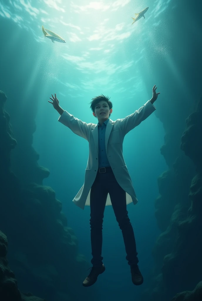 A boy in a lab coat who fell into the water with his back ,  in the depth finds himself with a raised hand trying to reach something he cant 