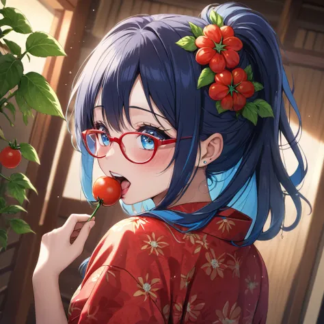 (best masterpiece, high resolution: 1.5), (8K, RAW photo, fisheye effect, perfect anatomy, golden ratio: 1.3), pointillism, professional photography, gaze, lone Japanese idol, (real: 0.5 ), (Eating a very small tomato: 1.5), (Tomato pattern, red yukata: 1....