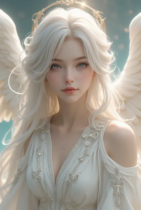 A beautiful young, slender female angel floats gracefully within a mystical celestial realm. Her face is a vision of ethereal beauty, with delicate features that radiate a soft, otherworldly glow. She has high, defined cheekbones that add structure to her ...