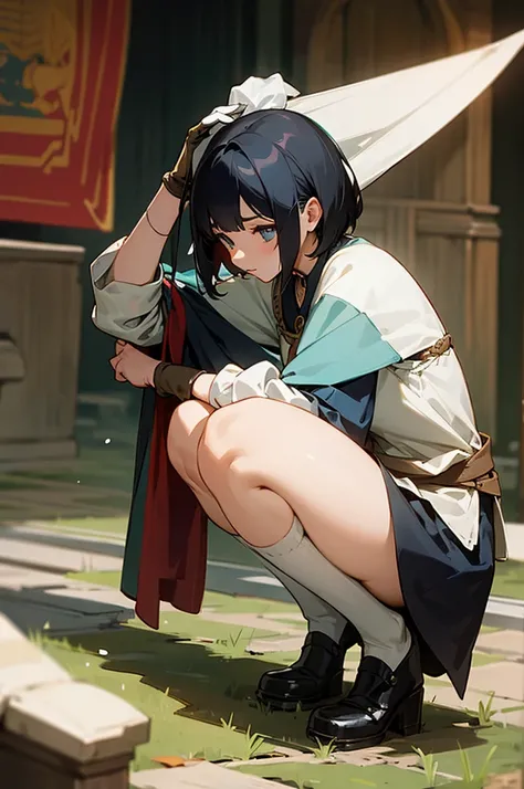  best image quality, Tavern, middle ages, Assassin, White underwear, Food, squat, Inner thighs, Long socks, gloves, woman, Black Hair, Short Hair