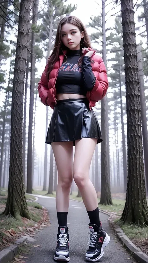 Mean curvy beautiful young schoolgirl ,  bottom view, the girl is over you, beautiful  teen face, short black leather skater skirt,   a young girl in a short black leather skater  skirt, wearing in a red puffer short shiny puffer, brunet long hair,  beauti...