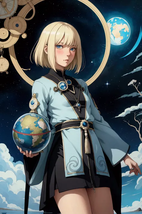 Kay Nielsen, Stanislao Lepri, Katsuhiro Otomo, Jacek Frąś, Takeo Takei, Surrealism, wonder, strange, bizarre, fantasy, Sci-fi, Japanese anime, magnetic pole reversal, summer celestial globe, planisphere, astronomical observation and blonde miniskirt beauti...