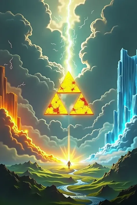 Triforce from Zelda. Lightning raining from the sky,  waves of fire to the left, waves of. ice to the right, green aura below, and holy light coming from the sky