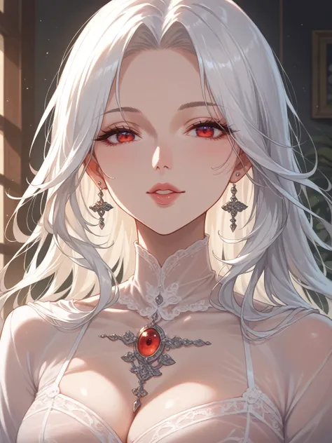 score_9, score_8_up, score_7_up, mature woman, milf, red eyes, perfect eyes, long white hair, chignon hair, medium breast, long sleeve dress, black transparent dress, close up, home, soft light