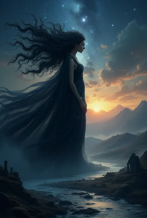 A surreal depiction of Nyx, the Greek goddess of the night, standing tall in a vast, starry landscape. Nyx is depicted as a stunning woman with flowing hair made of swirling galaxies, her cape billowing like tendrils of darkness. She stands with an aura of...