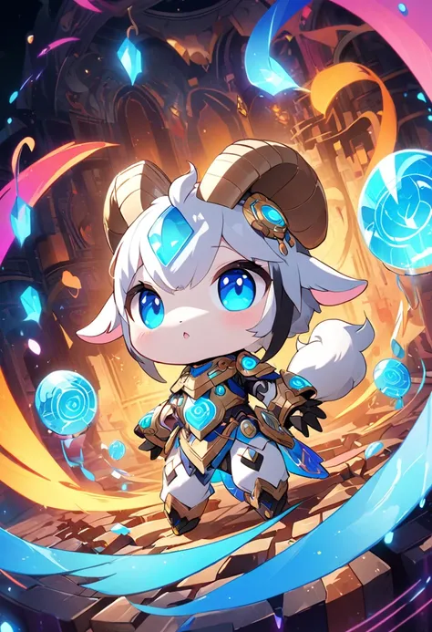 Create a stunning 2.5D digital artwork of a chibi, cute robot Goat-warrior. The character features a predominantly white body with soft, glowing blue eyes that radiate charm. Despite its adorable design, the goat appears to be severely disabled, showcasing...