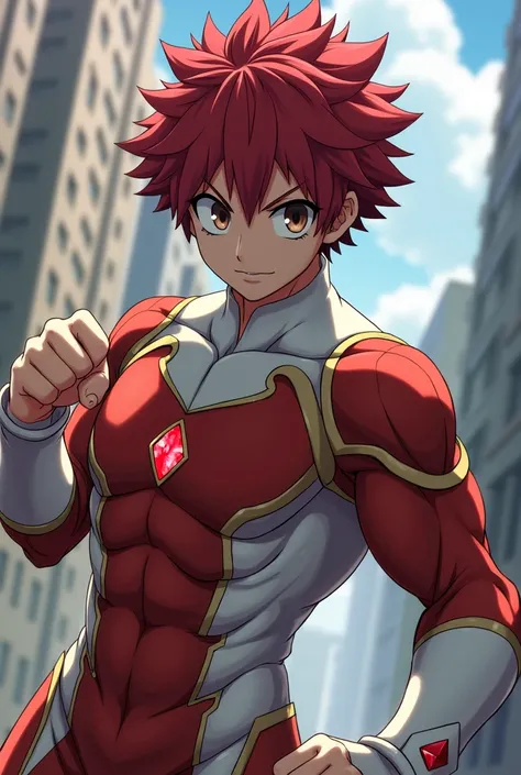 My Hero Academia Style , Anime Boy, male, young male ,Full Body Shot,(fighting stance:1.3),short hair, Red Hair,  Brown Eyes ,  small red jewel in the center of the chest,Hero Suit, Full Body Suit, red suit with white details, perfect anatomy, super detail...