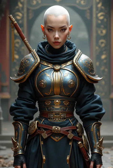 A beautiful, attractive bold & sculp no hair monk girl, a native monggol facial features, wearing cyberpunk design  complete armor, a nice & clean bold no hair sculp head, blonde sculp hair color,  treasure quality clothing color, (wearing a native monggol...