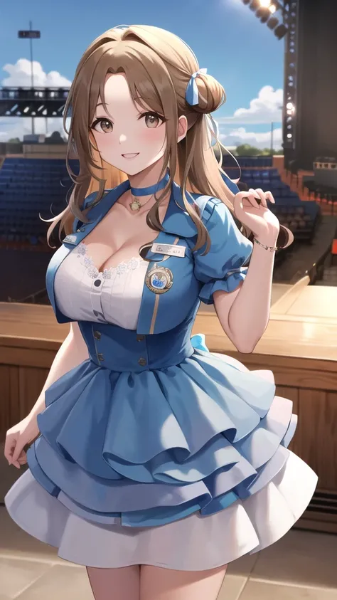 masterpiece, best quality, highres, hmhi, long hair, single hair bun, hair ribbon, blue choker, idol, jewelry, collarbone, cleavage, dress, short sleeves, layered skirt, badge, smile, standing, cowboy shot, stage, sky, outdoors, straight-on, arms at sides,