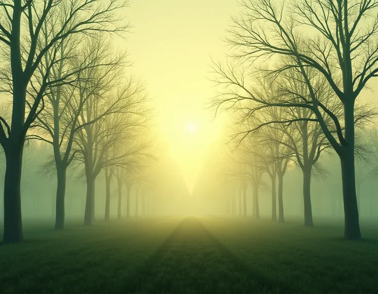 A green background, leafless trees, afternoon sun.