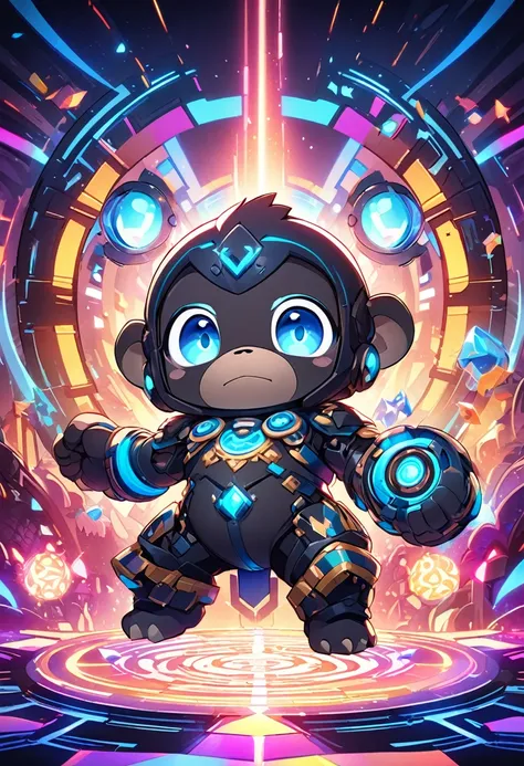 Create a stunning 2.5D digital artwork of a chibi, cute robot Gorilla-warrior. The character features a predominantly white body with soft, glowing blue eyes that radiate charm. Despite its adorable design, the Gorilla appears to be severely disabled, show...