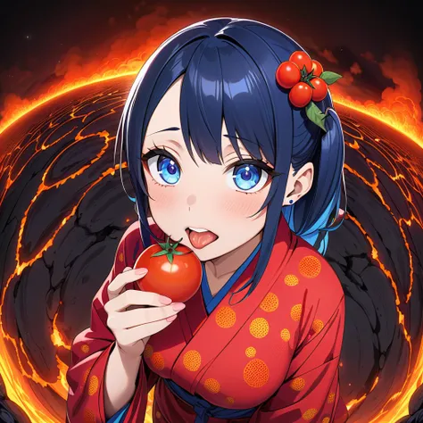 (best masterpiece, high resolution: 1.5), (8K, RAW photo, fisheye effect, perfect anatomy, golden ratio: 1.3), pointillism, professional photography, gaze, lone Japanese idol, (real: 0.5 ), (Eating a very small tomato: 1.5), (Tomato pattern, red yukata: 1....