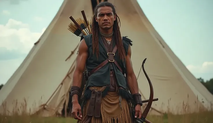 A wide angle shot of a young adult cherokee man with long brown braided hair stands in front of a teepee. He is wearing a black animal leather vest with fringe and carries a bow and arrows, a hatchet and a knife