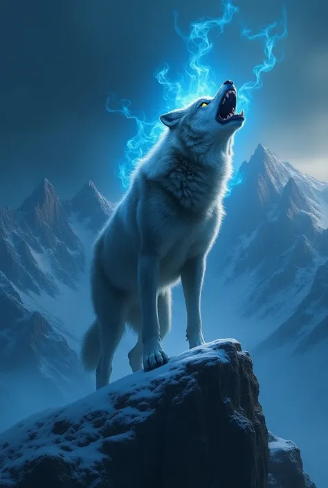 A wolf on a mountains top and barking under the dark blue sky
And with lots of blue flame along with the sky 
