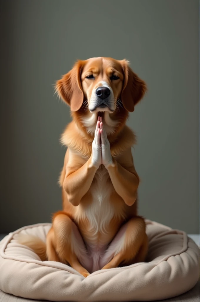 Dog praying before sleeping in his bed