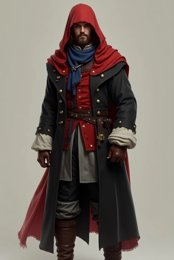 young-looking white man , with a red cloth covering the head ,  long hair with a short, well-trimmed beard.  wearing a black medieval overcoat , red vest, white shirt and a blue scarf .  medieval lace pants and medieval brown boots  