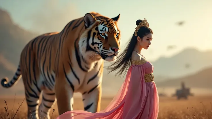 In the movie scene, there is an ancient Chinese beauty in pink Hanfu with a golden hair crown on her head standing next to a giant tiger walking towards you from afar.The woman stood on the tigers left.The background of war scenes has depth of field, wide-...