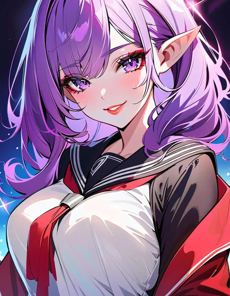 (best quality,ultra-detailed,highres:1.2),beautiful girl with flawless face,The cutest girl in the world,Exquisite makeup,purple eyes,makeup,eyelashes,lipstick,(tsurime:1.2),glint,seductive smile,serafuku,large breasts,purple hair,(elf:1.2),pointy ears,red...