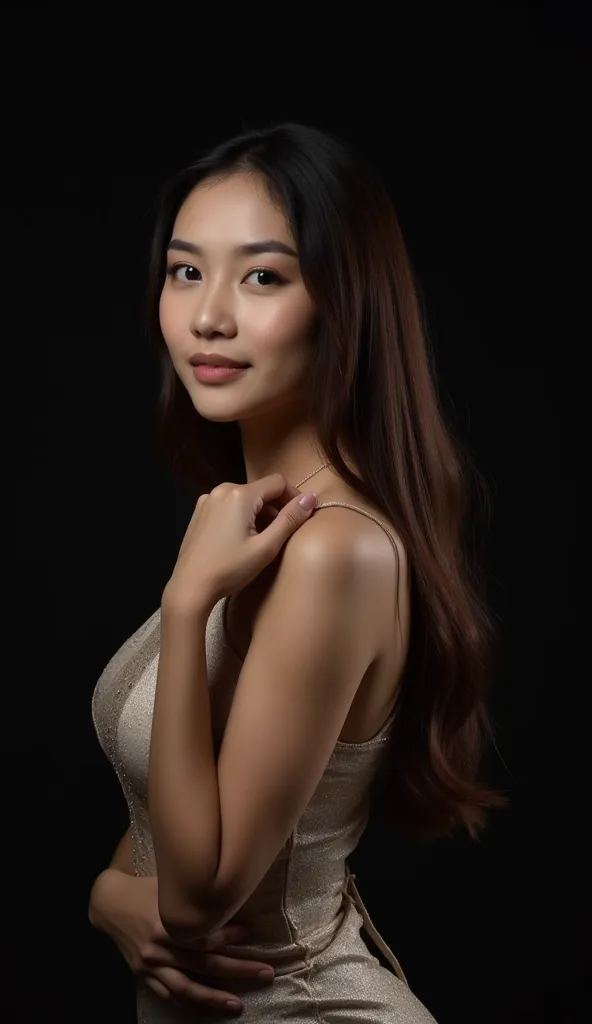 a young woman with long dark brown hair, beautiful young woman wearing dress, dark background, perfect lighting