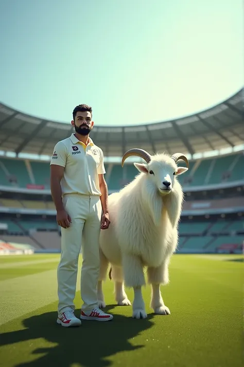 Virat kohli standing infront of a big white goat in a cricket stadium