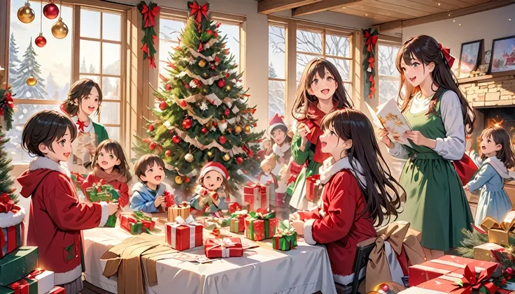 (Masterpiece in maximum 16K resolution:1.6), (intricate detail:1.4), (extremely insane detail:1.4),(highest quality:1.3). | Realistic,gifts,table,Christmas tree,decorations,wrapping ,bows,ribbon,presents,holiday spirit,vibrant colors,warm lighting,cozy atm...