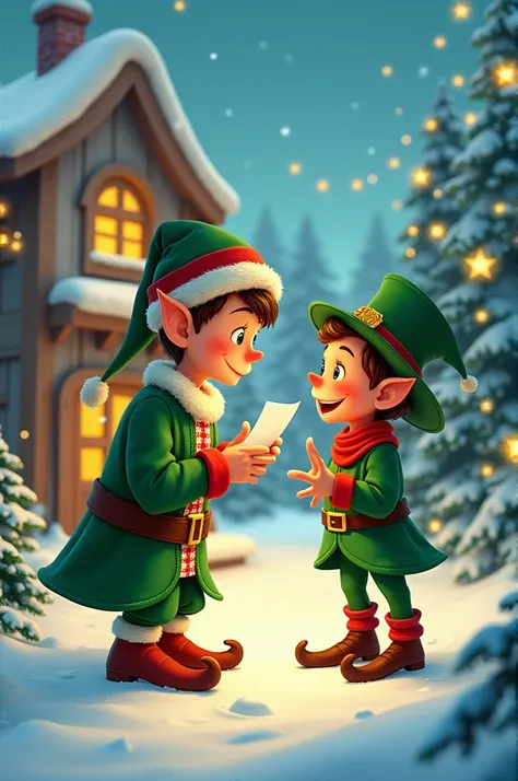 A Christmas elf tells a prank to a leprechaun