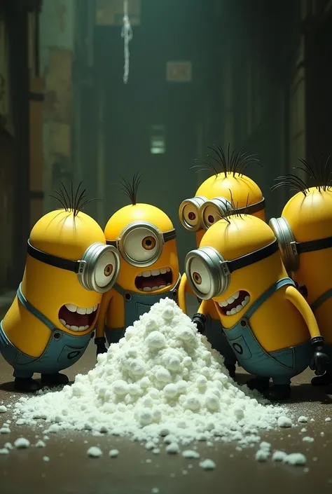 Create an image of the bald Minions smelling cocaine