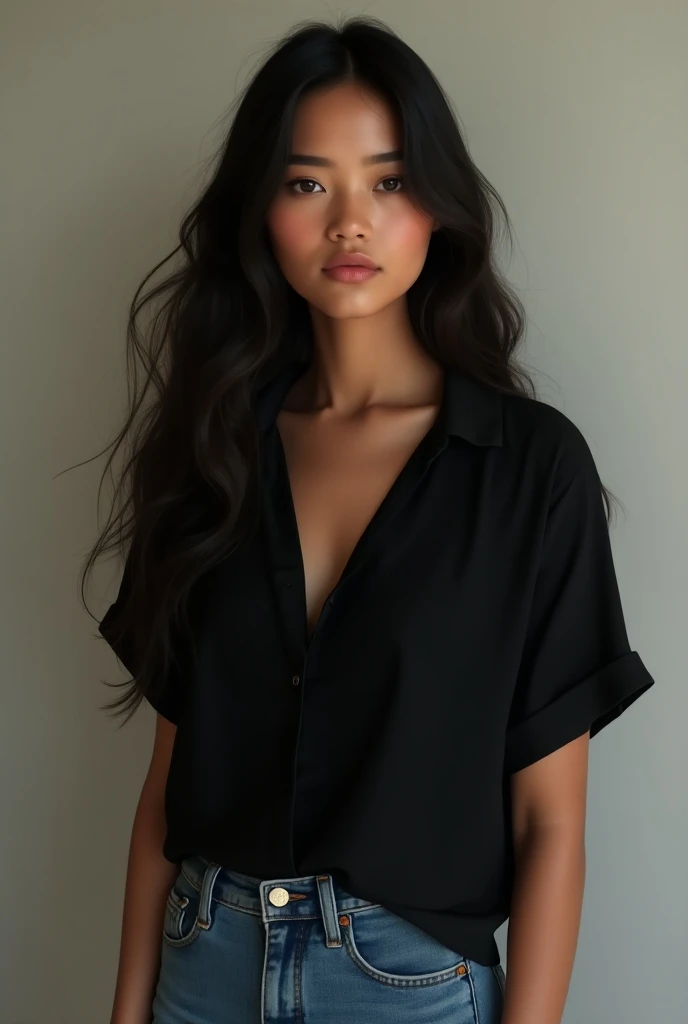 (photorealism:1.2), Create an image of a young Brazilian and white woman . Her hair is long , falling gently to halfway down the back .  Shes wearing a black blouse and jeans  .  The background should be simple and without details , suggesting an indoor en...