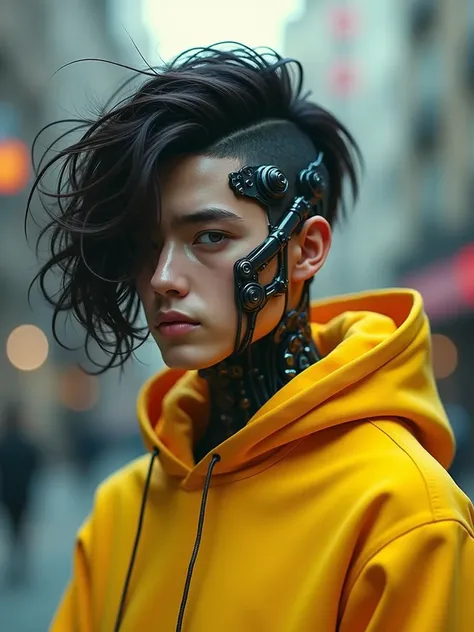 a cyberpunk boy with si-fi glass only on one eye , having half of his head robotic, wearing a yellow hoodie , with long hairs, 8k, v4--