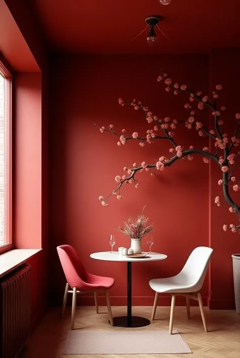 Dark red breakfast room ， Window on the side ， Indoor ceiling with dried flowers decor ，Floral Material Optional White Material，Contrast Coordination 