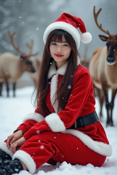 A thai woman About 28 years old in a Santa Claus costume, Long hair with bangs, figure is good, Sitting in the snow,On the side is a large brown bag containing gifts.There are about 4 reindeer Tied to Santa Clauss cart.There is light snow falling.It is a h...