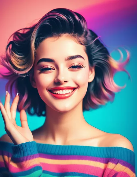 RGB Color Shift, chromatic aberration, RGB Shift, Video Glitch Photo Effect, Color Noise Texture, Video-like noise processing. Highly detailed, Romantic Retro Pop Background, vaporwave style. beautiful face Retro girl, 80s retro girl winking, smiling and g...