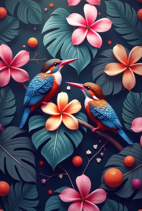 a seamless pattern of monstera leaves, flowers and exotic fruits. Two kingfisher with beautiful shiny feathers and colors in the foreground. Dark cream background, beautiful light, glamour glow.