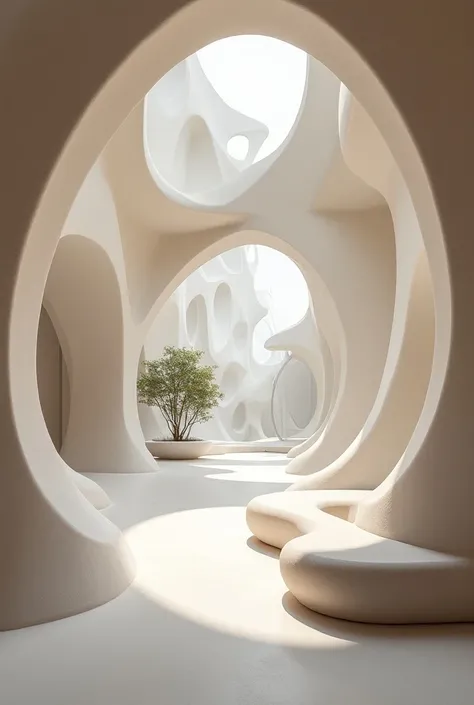 Architectural design, organic shapes, curved lines, spirals, dreamy and mysterious atmosphere, labyrinthine geometric patterns, subconscious complexity, soft neutral colors, light gray, ivory, soft pink, eco-friendly materials, wood, stone, glass, tranquil...