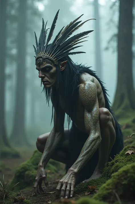 Generate a highly detailed and atmospheric scene of a mystical forest creature crouching in a misty woodland setting. The creature has an otherworldly appearance, with intricate body paint resembling cracked earth, and wears elaborate feathered adornments,...