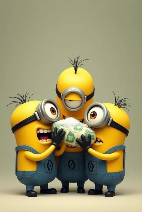 Create an image of the bald Minions with a money bill wrapped around their nose and smelling like cocaine