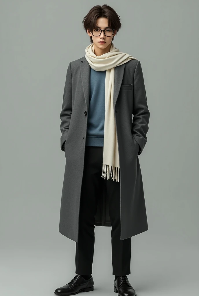 Young asian man，20 year old young guy，Brown Japanese Hairstyles， has long bangs on the forehead，Black square glasses ，Golden pupils，grey cashmere long coat ， white scarf ， black suit pants ，haze blue underlay cashmere sweater，leather shoes，Standing posture...