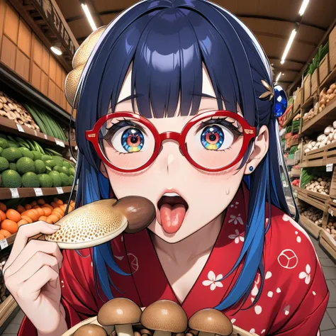 (best masterpiece, high resolution: 1.5), (8K, RAW photo, fisheye effect, perfect anatomy, golden ratio: 1.3), pointillism, professional photography, gaze, lone Japanese idol, (real: 0.5 ), (Eating shiitake mushrooms: 1.5), (Shiitake mushroom pattern, red ...