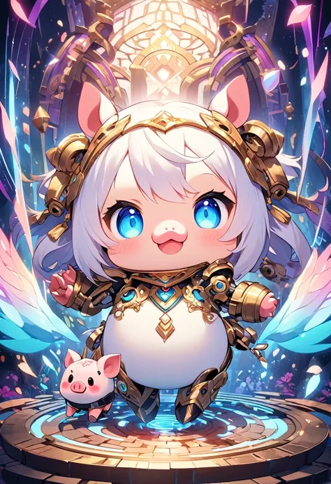 Create a stunning 2.5D digital artwork of a chibi, cute robot Pig-warrior. The character features a predominantly white body with soft, glowing blue eyes that radiate charm. Despite its adorable design, the Pig appears to be severely disabled, showcasing u...