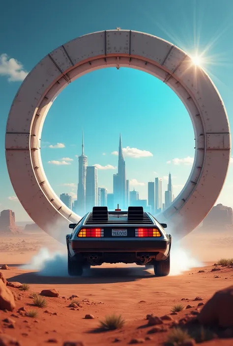  image of a Delorean floating with his wheels folded in front of a futuristic building, crossing a round electric portal, Wild West desert background , Inside the portal there is a view of a city with beautiful blue skies , realistic, hyper detailed image,...