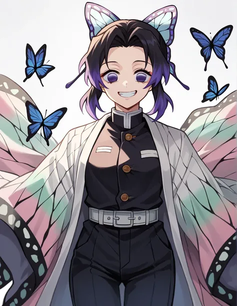  score_9,  score_8_up,  score_7_up, sauce_Anime,
ShinobuKochou, Shinobu Kocho,   black tied hair  ,  butterfly ,  butterfly  hair ornament,  purple eyes,
 black pants , kimono, Demon Slayer uniform,  long sleeve,
indoor, ,  lean forward, smile,
Alone, Dutc...