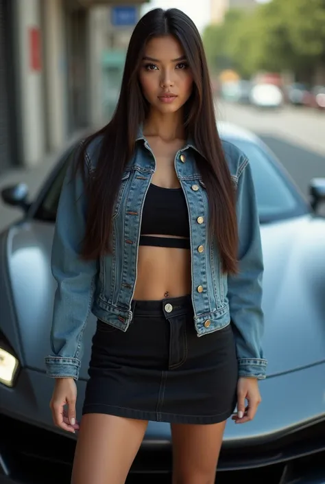 Beautiful Indonesian woman with long straight hair wearing jeans jacket and black jeans skirt wearing sports shoes is standing in front of sports car staring at camera 