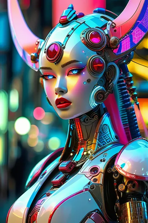 A futuristic Female, Head turned toward viewer, Looking right at viewer, humanoid robot with intricate metallic features and vibrant colors. The robot has a white face with striking blue eye makeup and bold red lips. Looking at viewer,  Its elaborate headd...