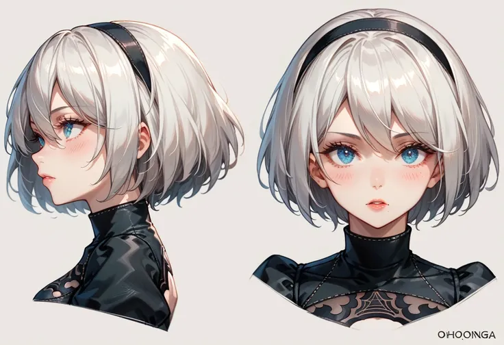 character sheet desing lady 2b from nier automata, only head. beauty face, perfect proportion, beauty, ultra detailed face. view...