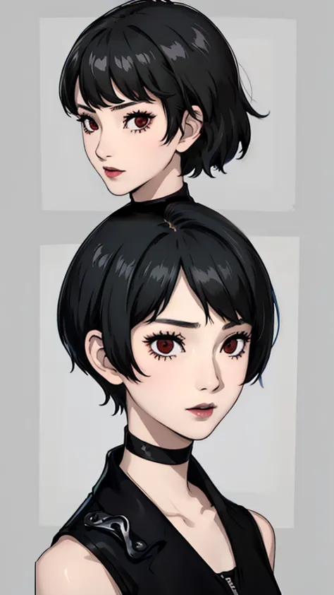 1 girl, very short hair, tomboy pixie haircut, black hair, red eyes, black lipstick, black lipstick, face portrait, black choker...