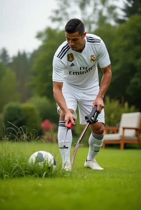 generate a hyper realistic image of Cristiano Ronaldo, wearing Real Madrid white football jersey, skilfully cutting grass, in a garden, morning time, the scene should be so detailed like Cristiano Ronaldo holding shears, expressions of Ronaldo and the face...