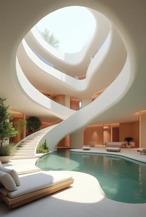 Organic architecture, flowing curves, spiral shapes, dreamlike structure, mysterious atmosphere, labyrinthine patterns, subconscious symbolism, soft neutral colors, light gray, ivory, soft pink accents, eco-friendly materials, wood, stone, glass, tranquili...