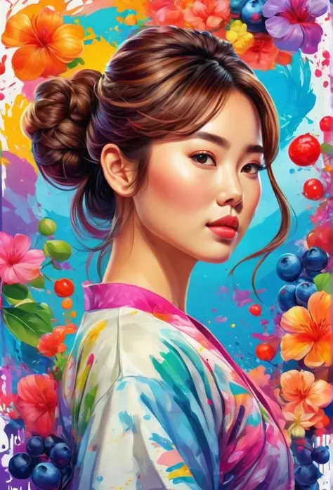 A slightly chubby beautiful korean girl, brown hair bun up korean style with korean bangs, facing camera, wear A t-shirt with vector art, With many colorful blueberry illustrations, At the center, swirly vibrant colors, paint splashes and smears, high déta...