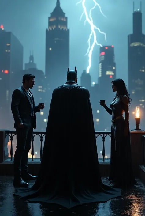 Genarate a hyper realistic image of Batmanhaving a cup of tea standing in front of super man and superman also having a cup of tea on a high rooftop in Gotham City at night. Hes cloaked in a flowing, shadowy black cape, his suit textured with armor and adv...